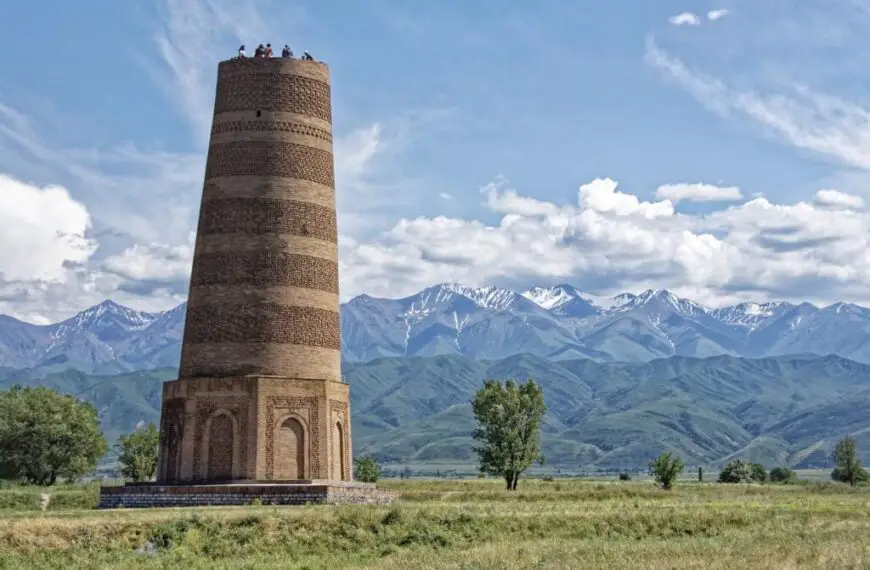 Burana tower and Kyrgyzstan Mountains