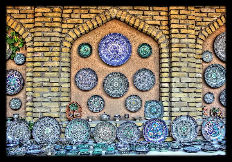 Ceramics displayed outside a workshop in Rishtan