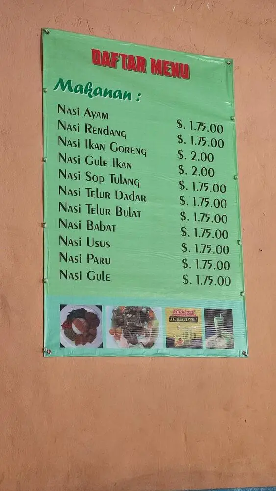 Menu with prices of simple food in Dili