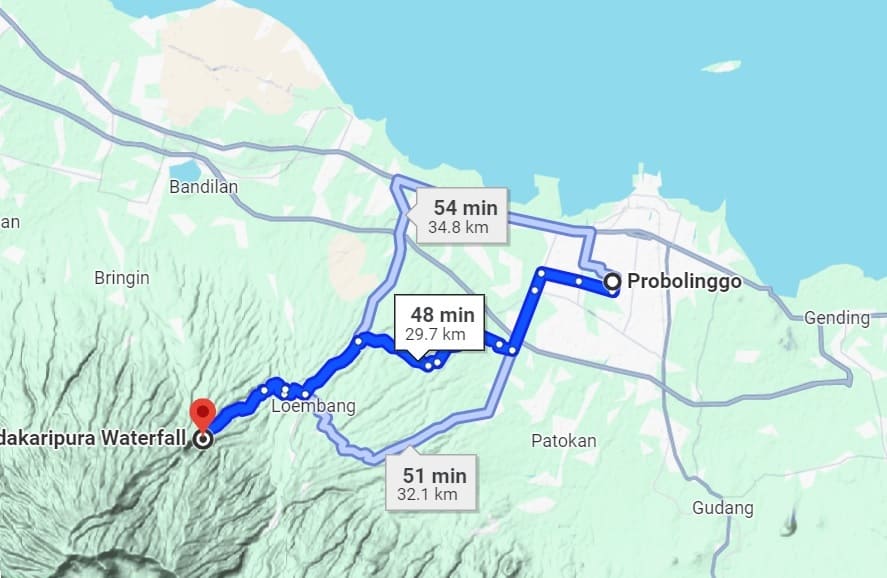 route from Probolinggo to Madakaripura Waterfall on Google Maps