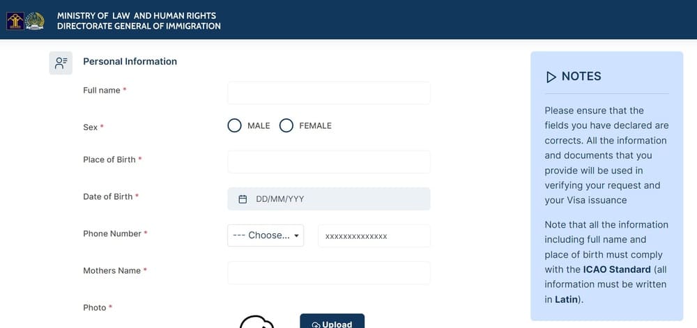 The screen for account registration for the Indonesia eVOA