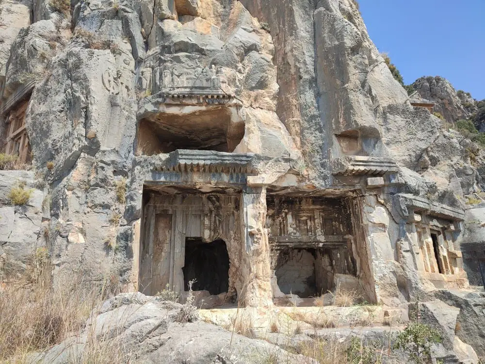 The Lycian tombs, part of the Myra Ruins, from close.