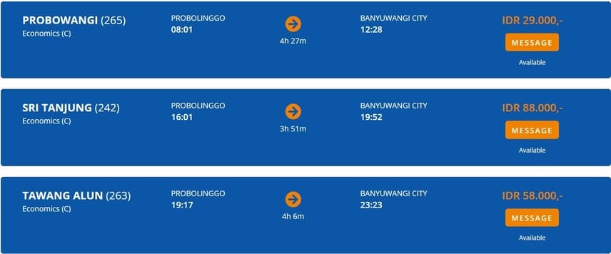 Cheapest trains timetable from Probolinggo to Banyuwangi