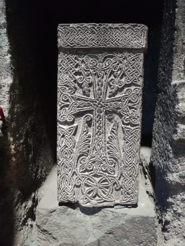 A carved cross in Geghard Monastery
