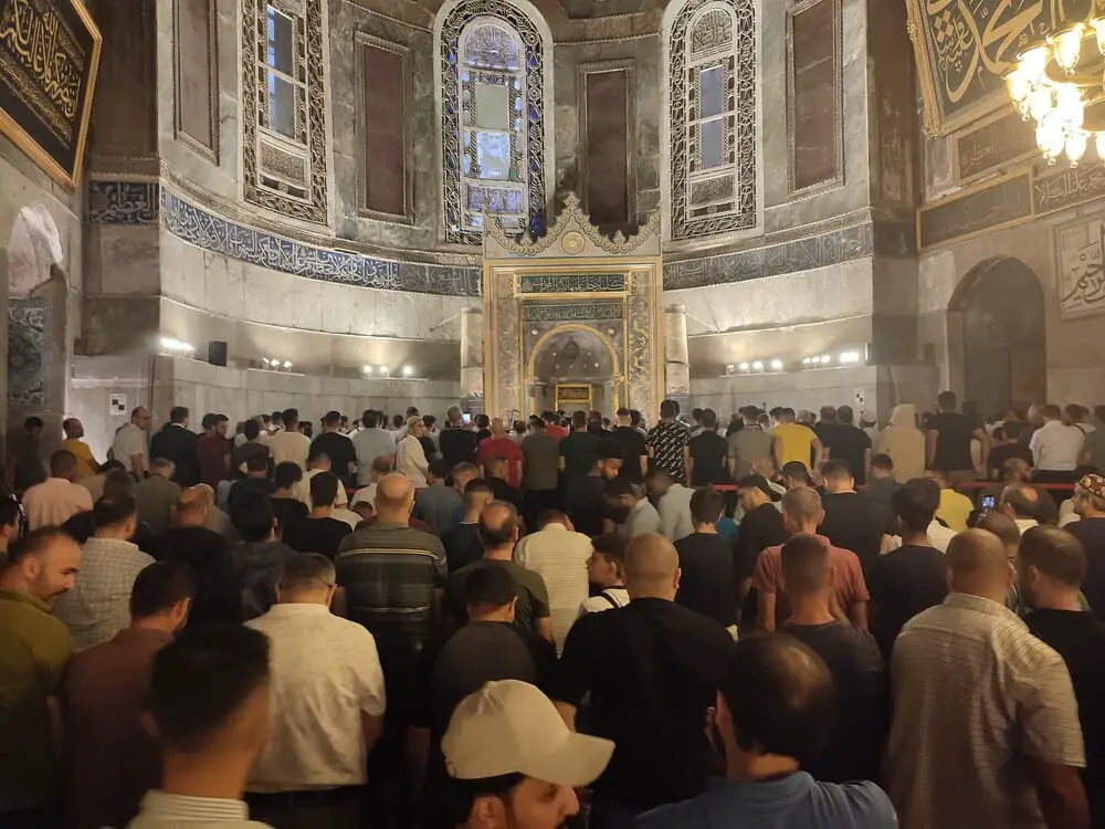 Muslims gathered for the Maghrib Muslim prayer in Hagia Sophia