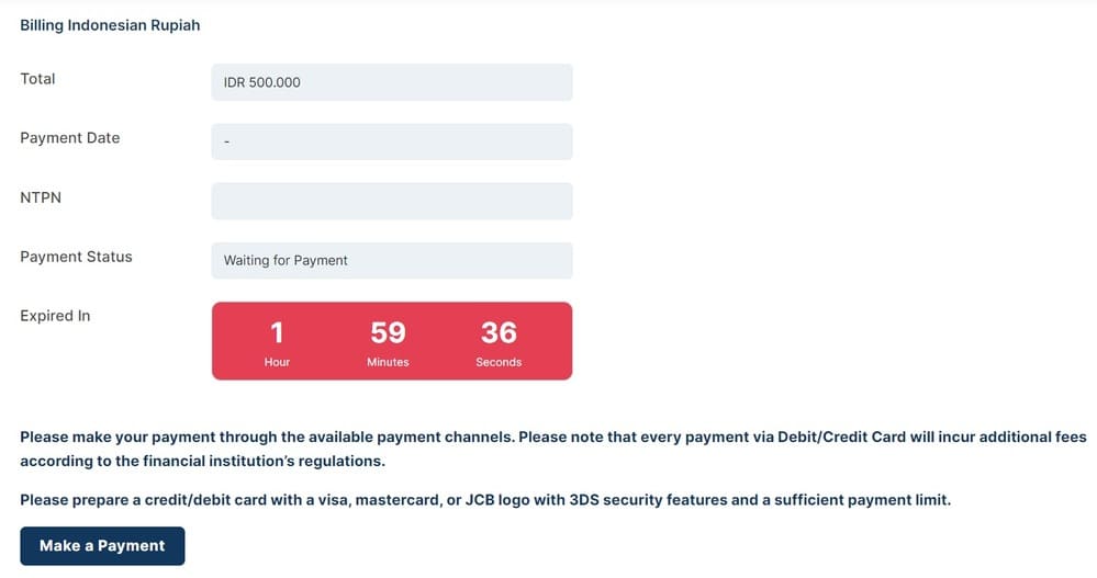 The payment screen on Molina Indonesian eVOA website showing a timer for 2 hours and the cost at 500.000 IDR.