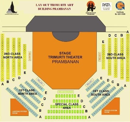 A chart of the seats by class inside the Trimurti Theater for the Prambanan Ramayana Ballet