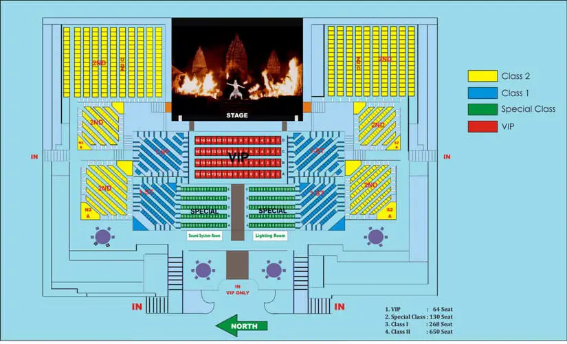 A chart of the seats by class outside on the open stage for the Prambanan Ramayana Ballet
