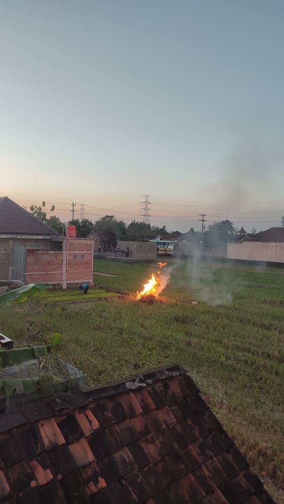 A trash fire on a rice padi in Indonesia