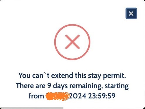 An error message on the Molina website saying you can't extend this stay permit, there are 9 days remaining, starting from and a date.