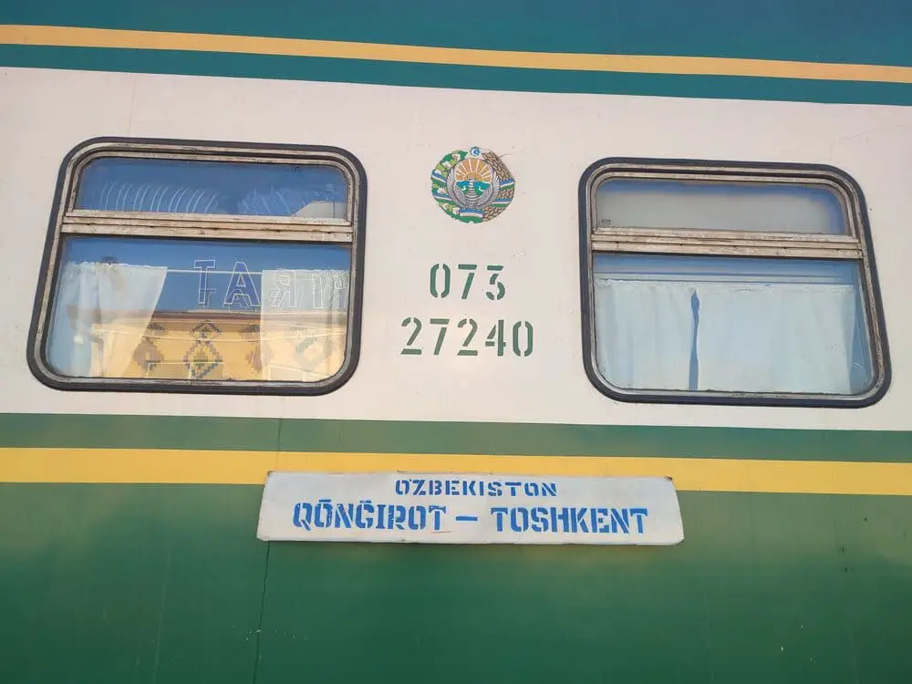 The sign on a train from Kungrad to Tashkent in Uzbekistan