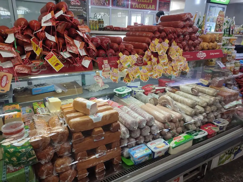 meat and cheese in Chorsu Bazaar