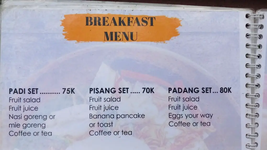 Breakfast sets with prices in Bali