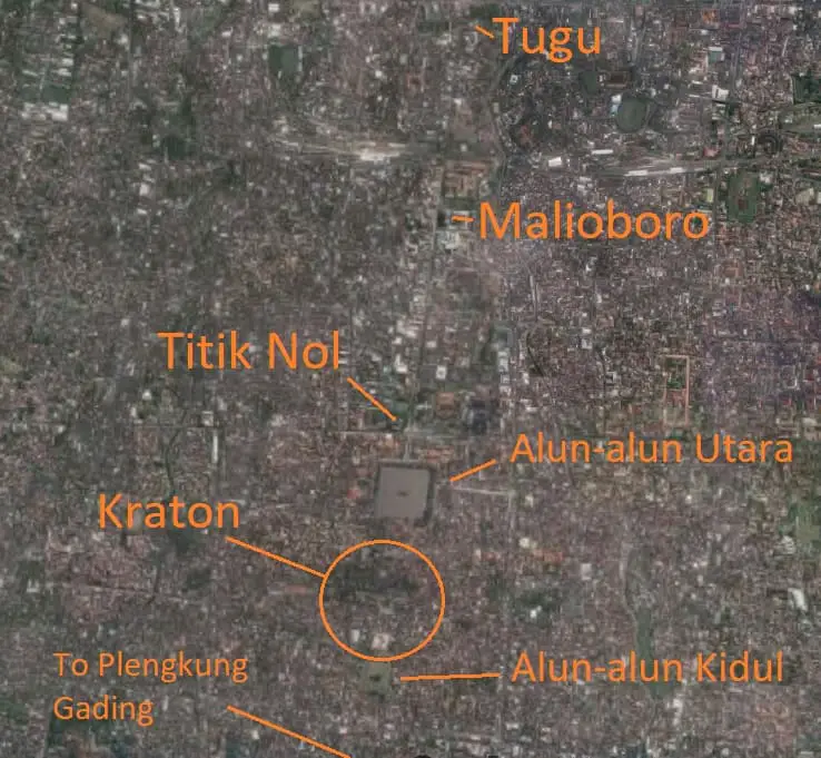 The cosmological axis of Yogyakarta visible on a satelite map with pins for the most important locations