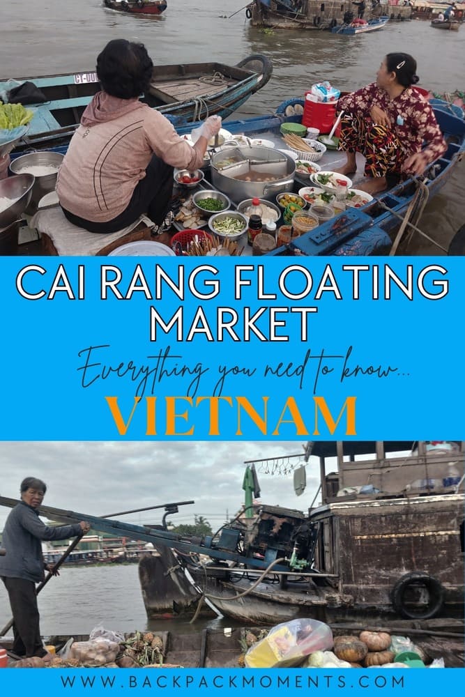 a vietnamese on a boat at Cai Rang floating market as a pinterest pin