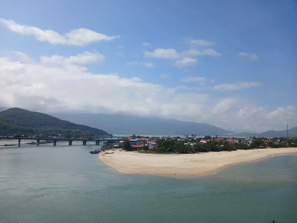view of Lang Co village, beach and bridge