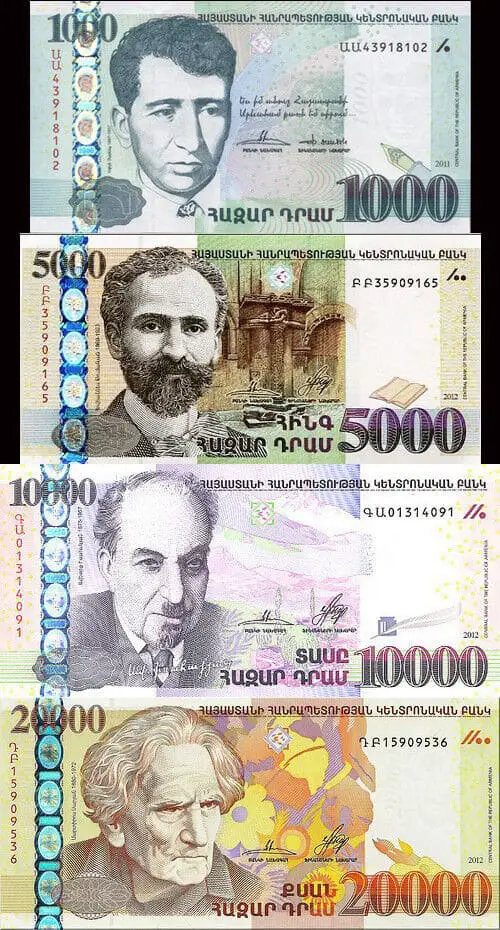 Armenian dram (the money in Armenia) banknotes of denominations 1000, 5000, 10000, and 20000