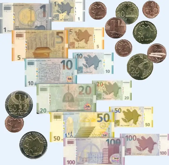 Azerbaijani manat coins and banknotes - the money in Azerbaijan.