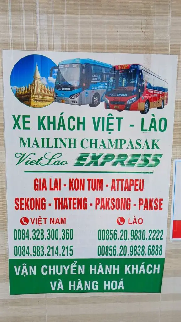A sign of the bus company Mai Linh with their contact numbers and route starting in Gia Lai (Pleiku) and ending in Pakse