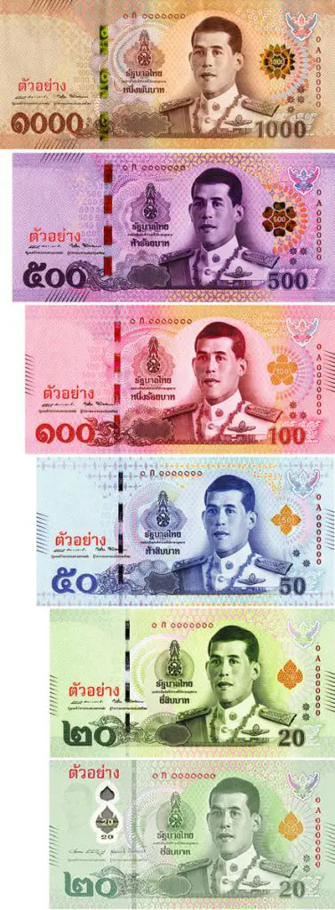 All 5 banknotes of the Thai Baht - the official money in Thailand.