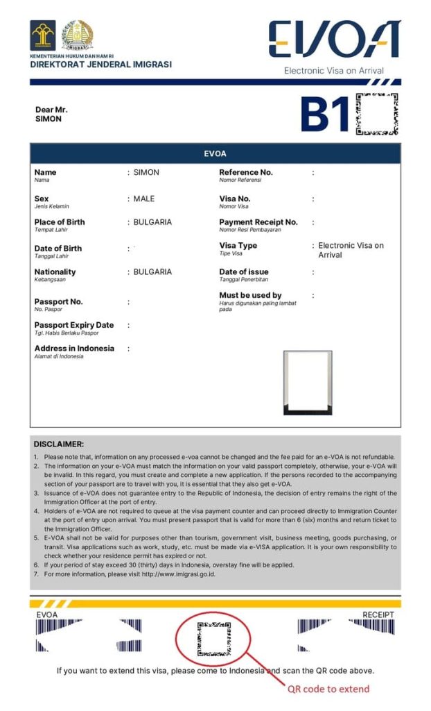 An example B1 visa (eVoA) for Indonesia