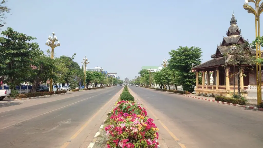 The main avenue in Vientiane with the Patuxai in the background.