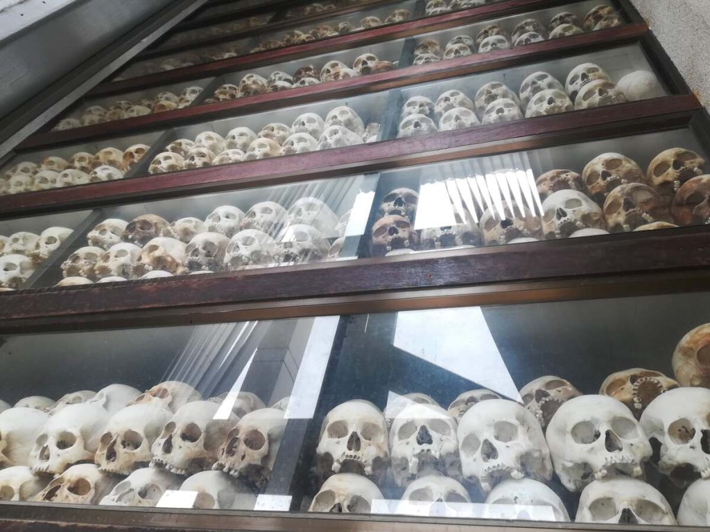 Skulls inside a glass in the Killing Fields in Cambodia