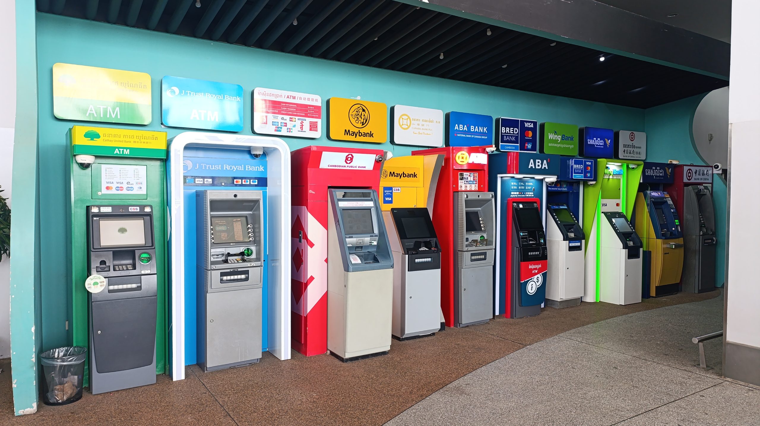 A row of ATMs in front of Phnom Penh International Airport.