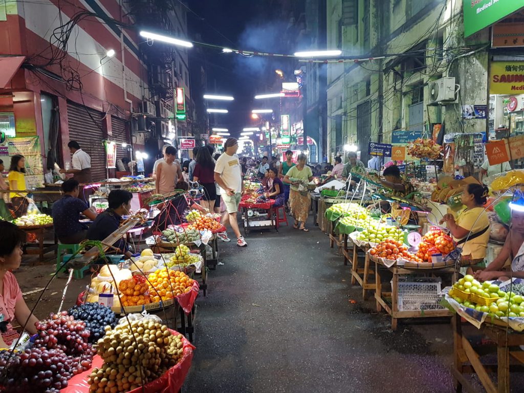 street vendors lining 19th street in Yangon