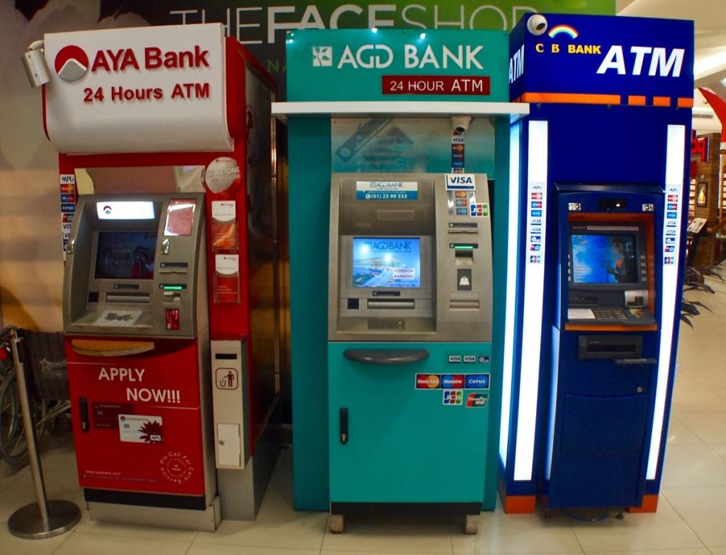 3 ATMs from different banks in Myanmar/Burma