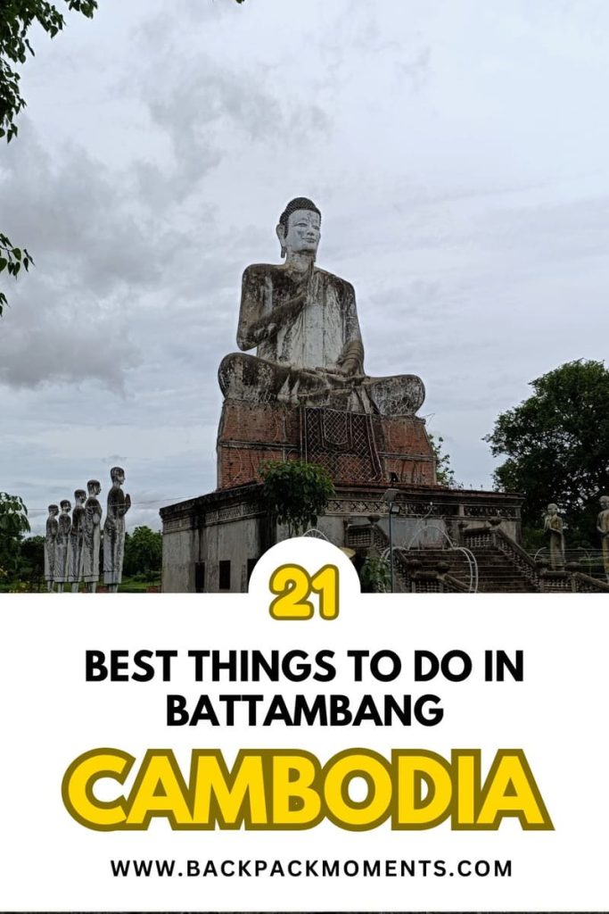 A giant buddha as a Pinterest Pin for things to do in Battambang 