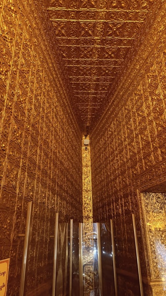 gold covered walls inside the Botahtaung Pagoda