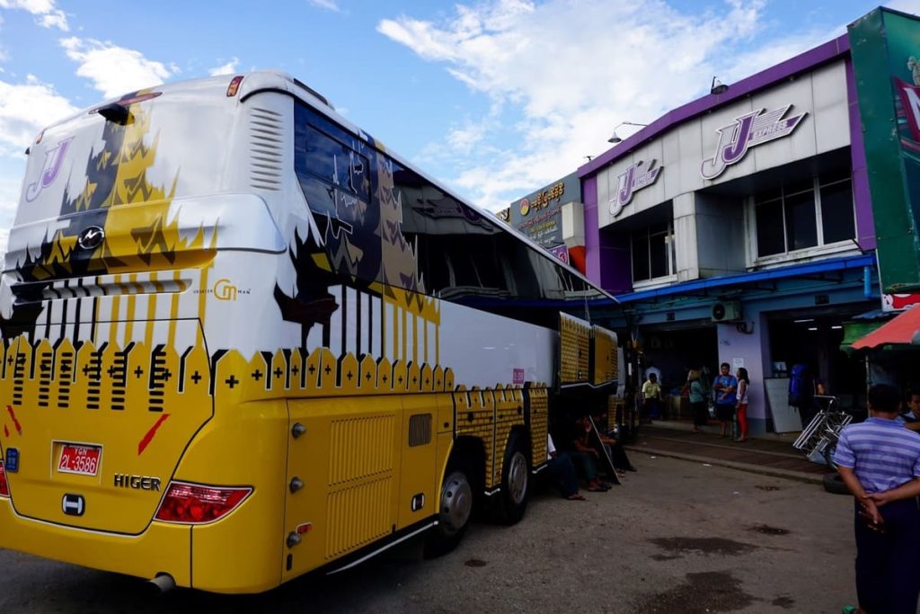 Parked bus in front of a ticket office