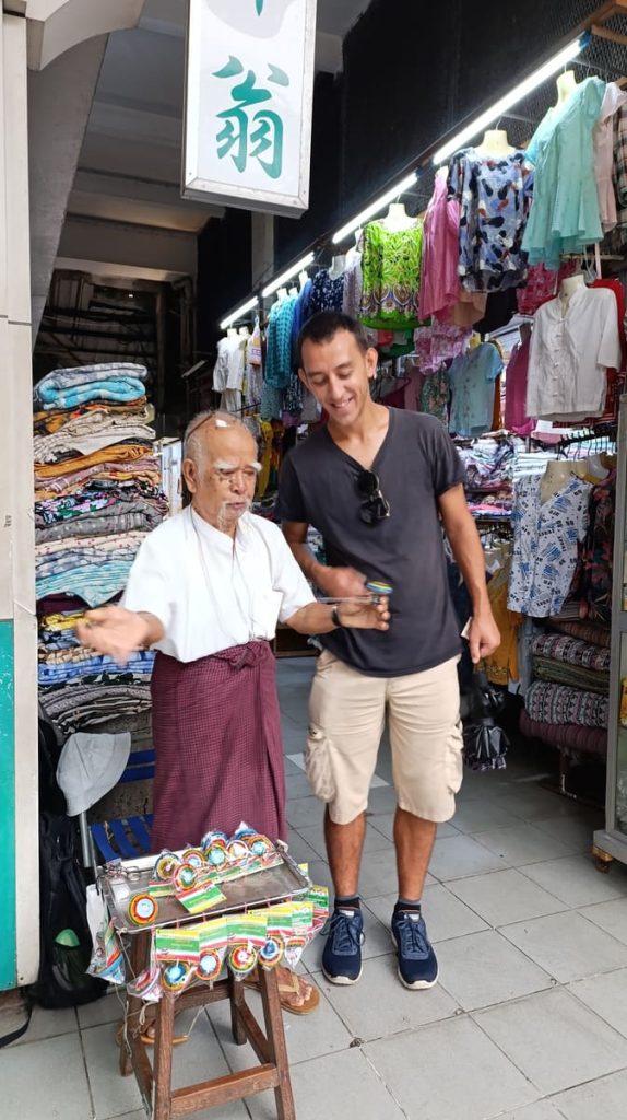 Simon and a old man who makes tops in Yangon