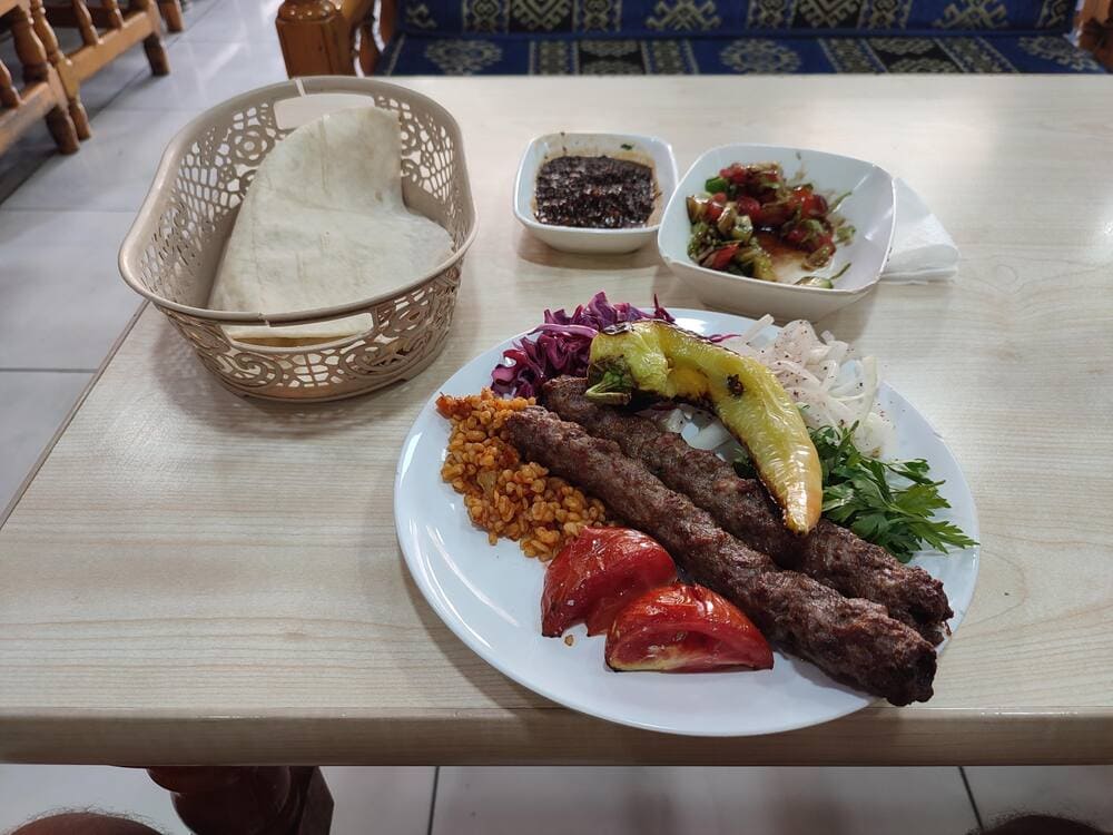 2 pieces of Urfa kebab on a place with vegetables