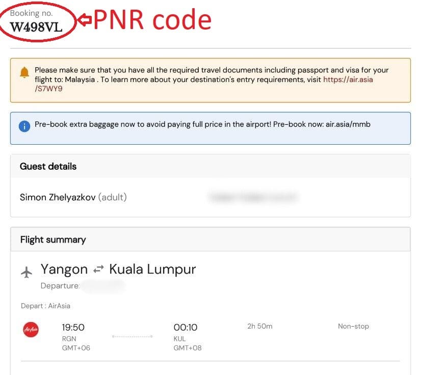 the PNR code of a flight ticket