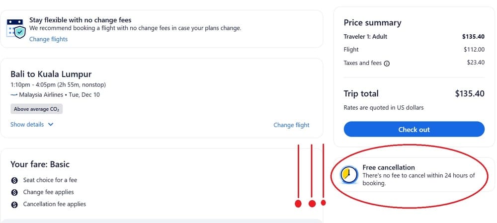 flight booking screen in Expedia.com with the free cancellation box showing.