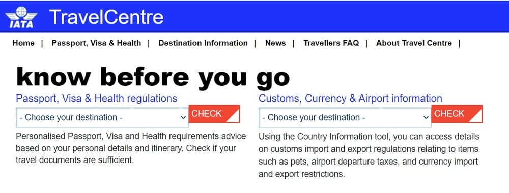 A screenshot from the IATA Travel Center website