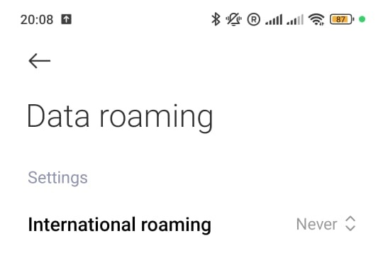 International roaming "never" option on a smartphone