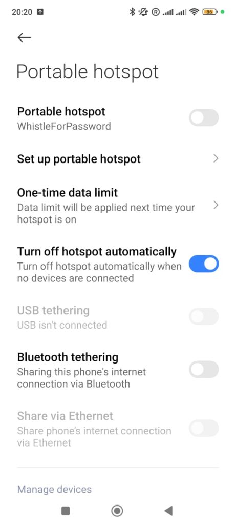 Personal hotspot settings on a smartphone