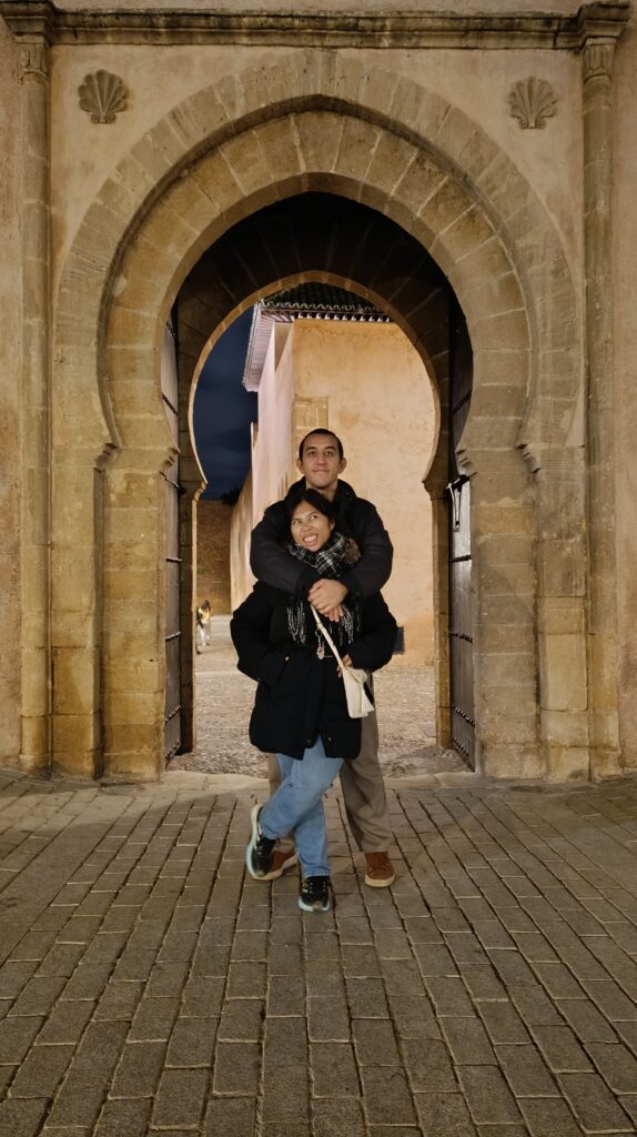 Simon and Yulli in front of a gate in Rabat