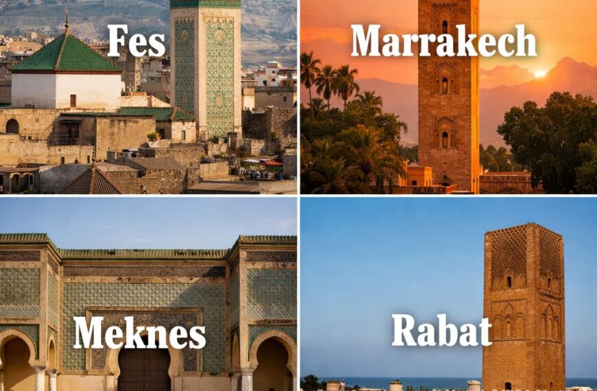 A 2 by 2 collage of Morocco's four imperial cities - Fes, Marrakech, Meknes, and Rabat.