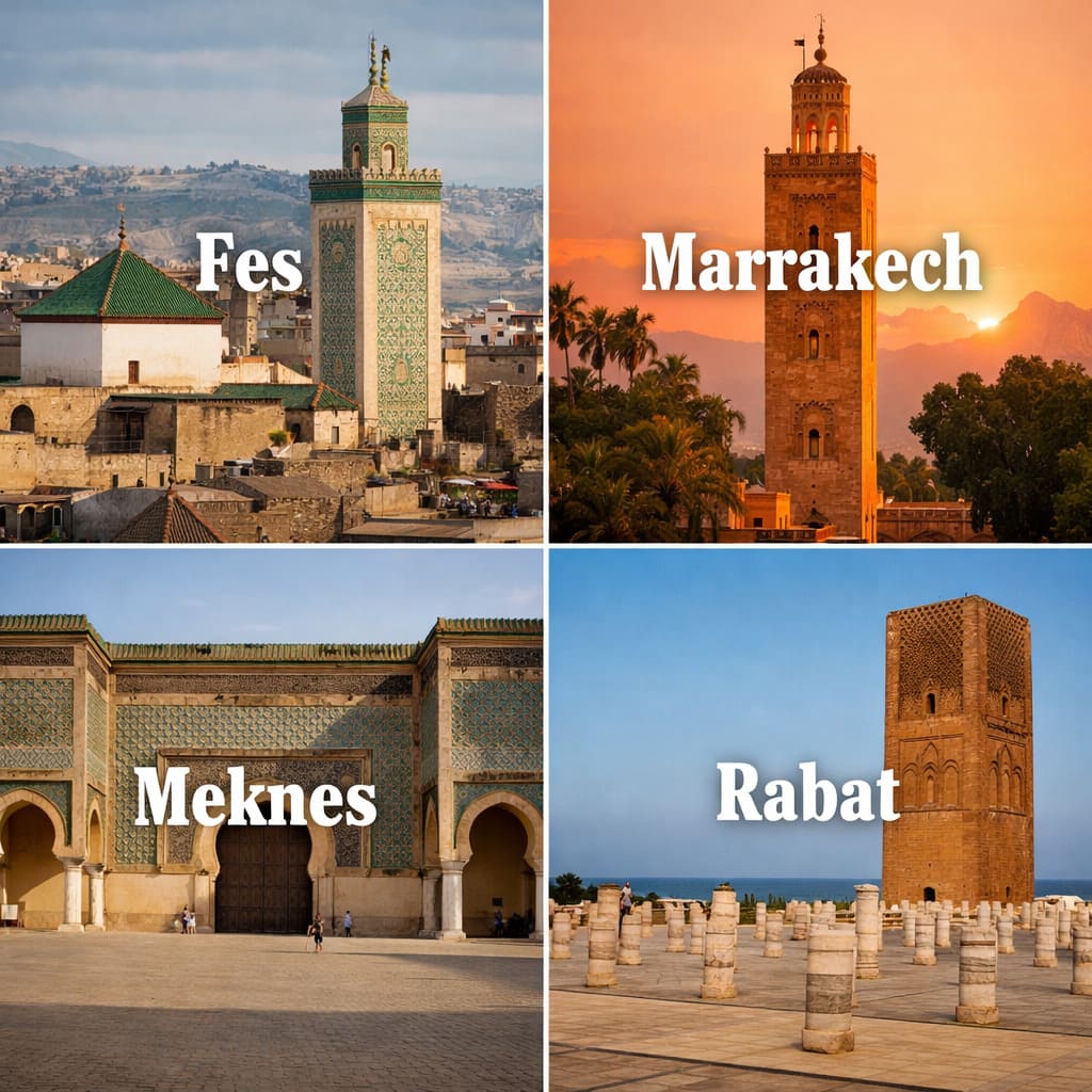 A 2 by 2 collage of Morocco's four imperial cities - Fes, Marrakech, Meknes, and Rabat.